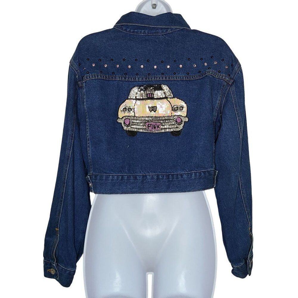 Vintage Women Jackets, Frederick's Of Hollywood Sequins Cropped Denim Jacket, XL